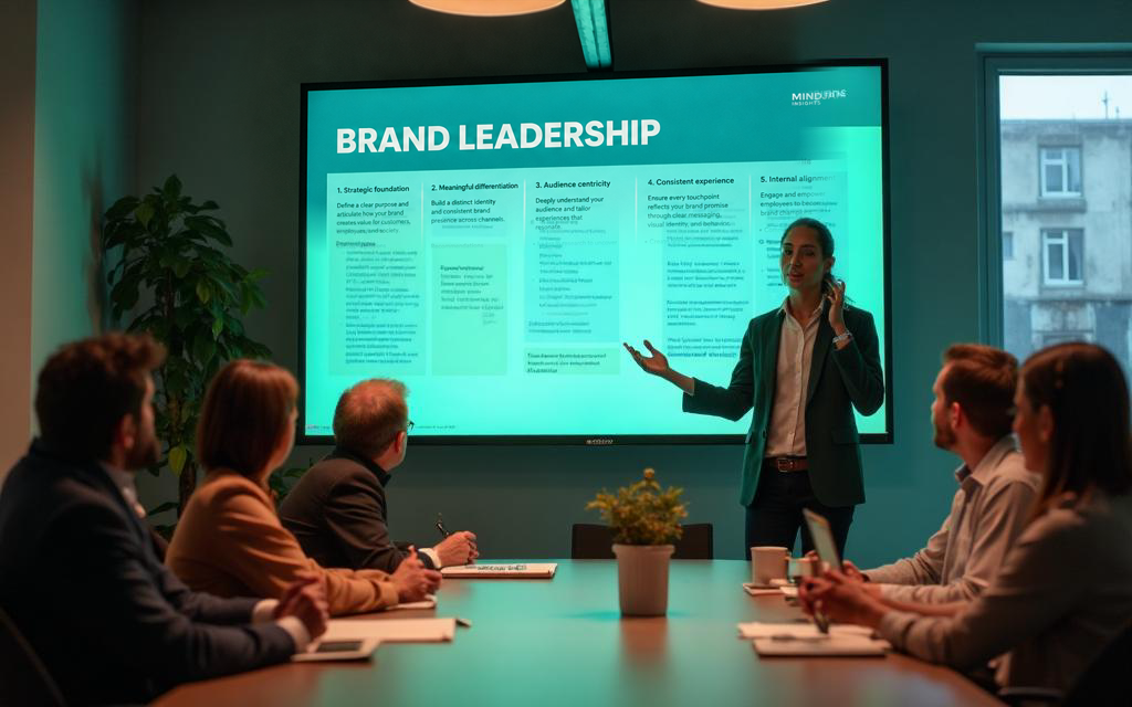 Brand strategy workshop with sticky notes and notebooks