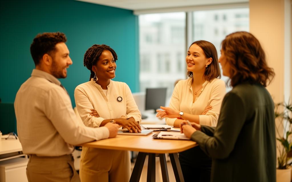 Diverse team having an informal conversation in a modern office