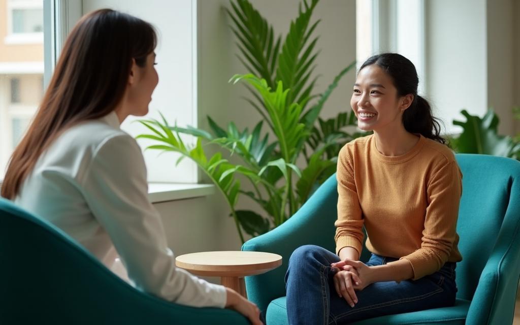 Two colleagues having a supportive conversation in a lounge